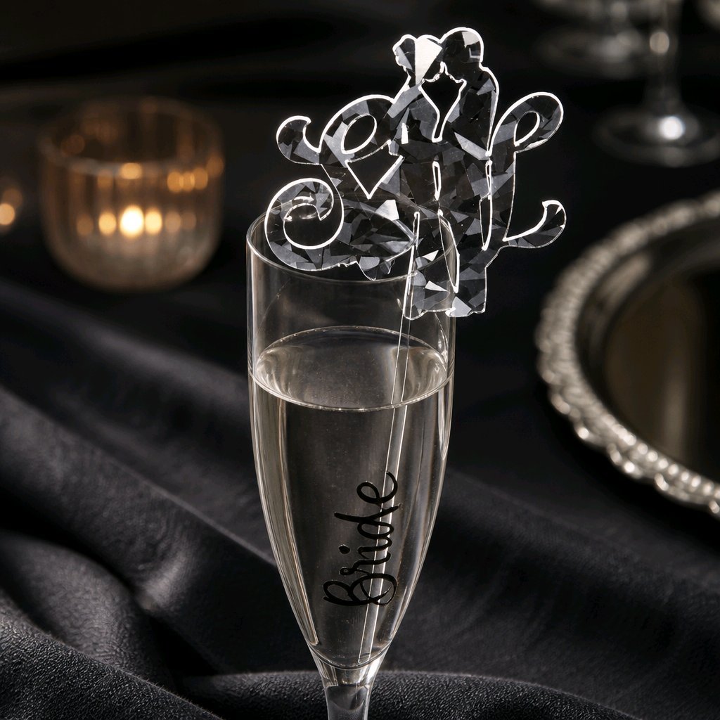 Flute Toppers!
These wedding flute toppers are perfect for adding a touch of sparkle to your flute glasses, they are crafted in silver holographic card. The toppers feature the bride & groom with initials, wedding dress, flute glasses, and wedding be