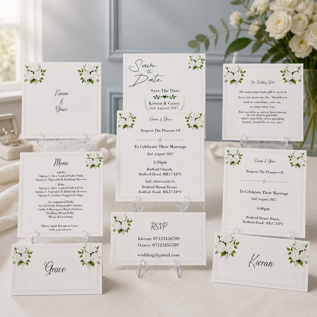 What's included! Crafted carrier card, Save the date with aluminium disc plus magnet for fridge attachment, Daytime & evening stationary, wedding wish, menu option, rsvp & two place cards. #001