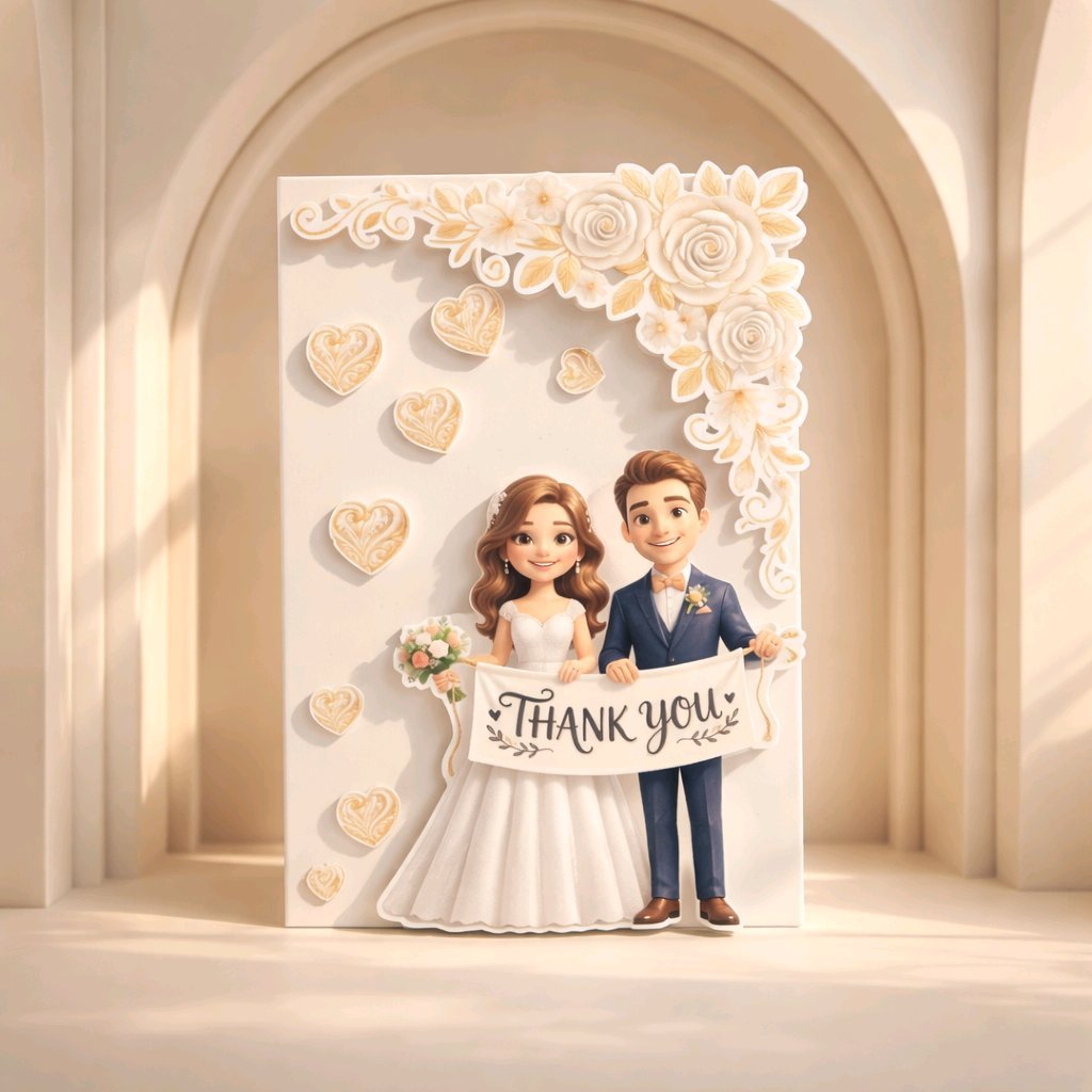 (NEW) Thankyou card!
Say thankyou to your guests for attending your wedding with this unique thankyou card.
Crafted on white card with AI generated images. The Bride and Groom flow seamlessly off the edge with a stunning floral border to compliment t