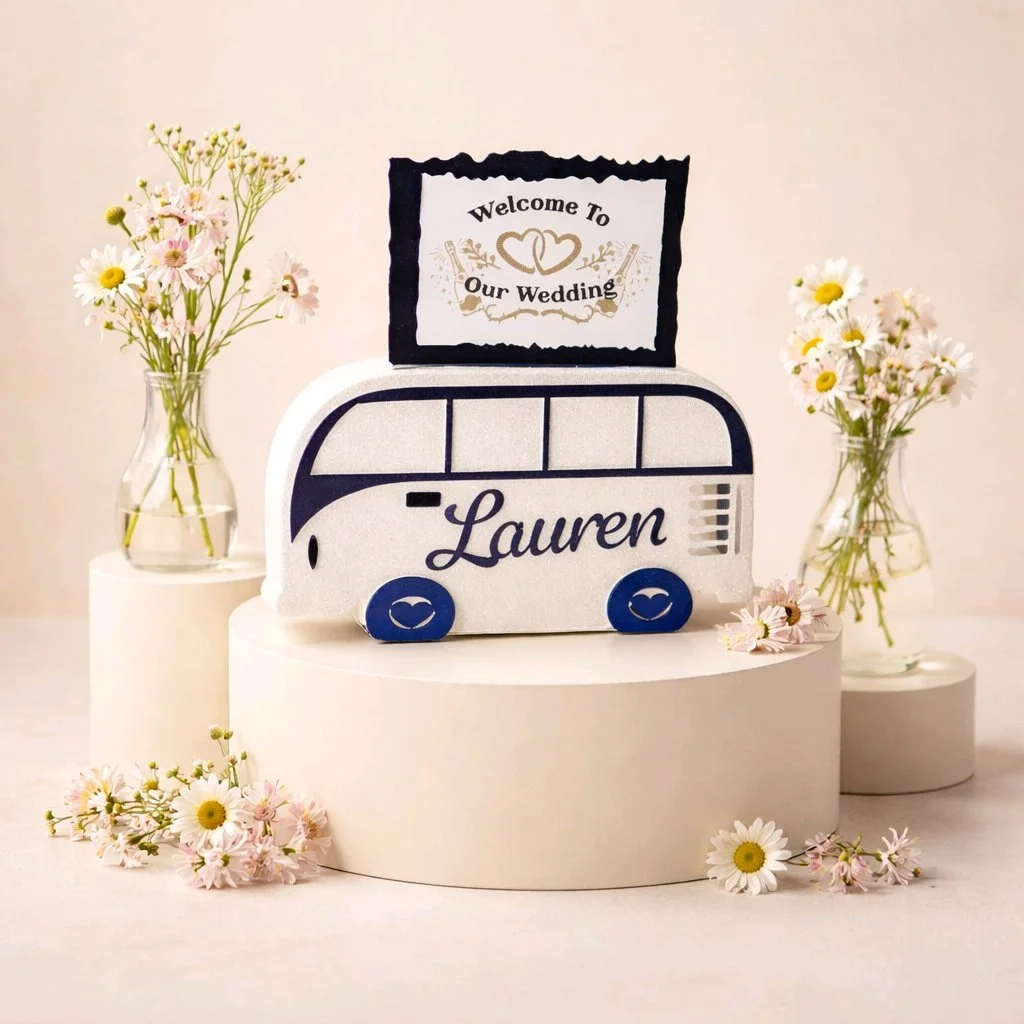 Each one is personalised with the guests name on the front.

At the top is a cute little sign post that reads “welcome to our wedding” & on the other side it reads “time to celebrate”.