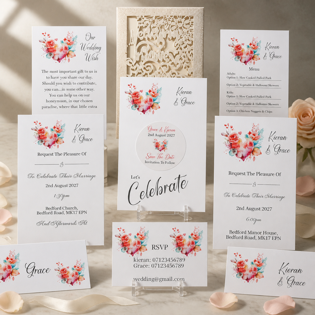 What's included! Crafted carrier card, Save the date with aluminium disc plus magnet for fridge attachment, Daytime & evening Stationary, wedding wish, menu option, rsvp & two place cards. #006