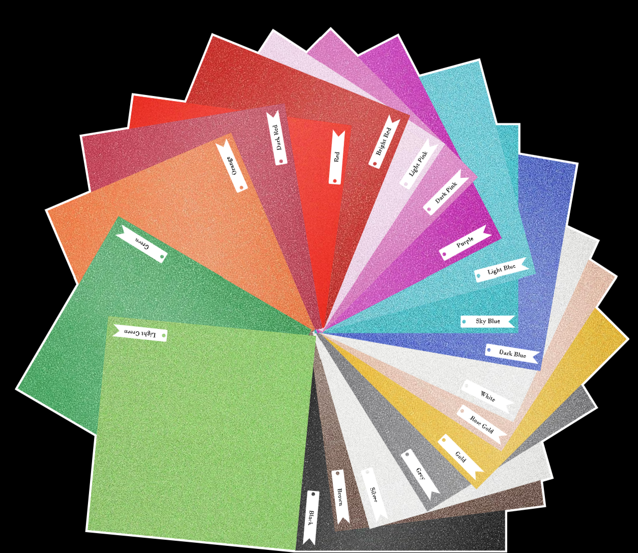 Color palette fan showing various glitter colors with labels, including Green, Light Green, Orange, Dk Red, Bright Red, Red, Light Pink, Dark Pink, Purple, Light Blue, Sky Blue, Dark Blue, White, Rose Gold, Gold, Grey, Black, Brown, and Silver.