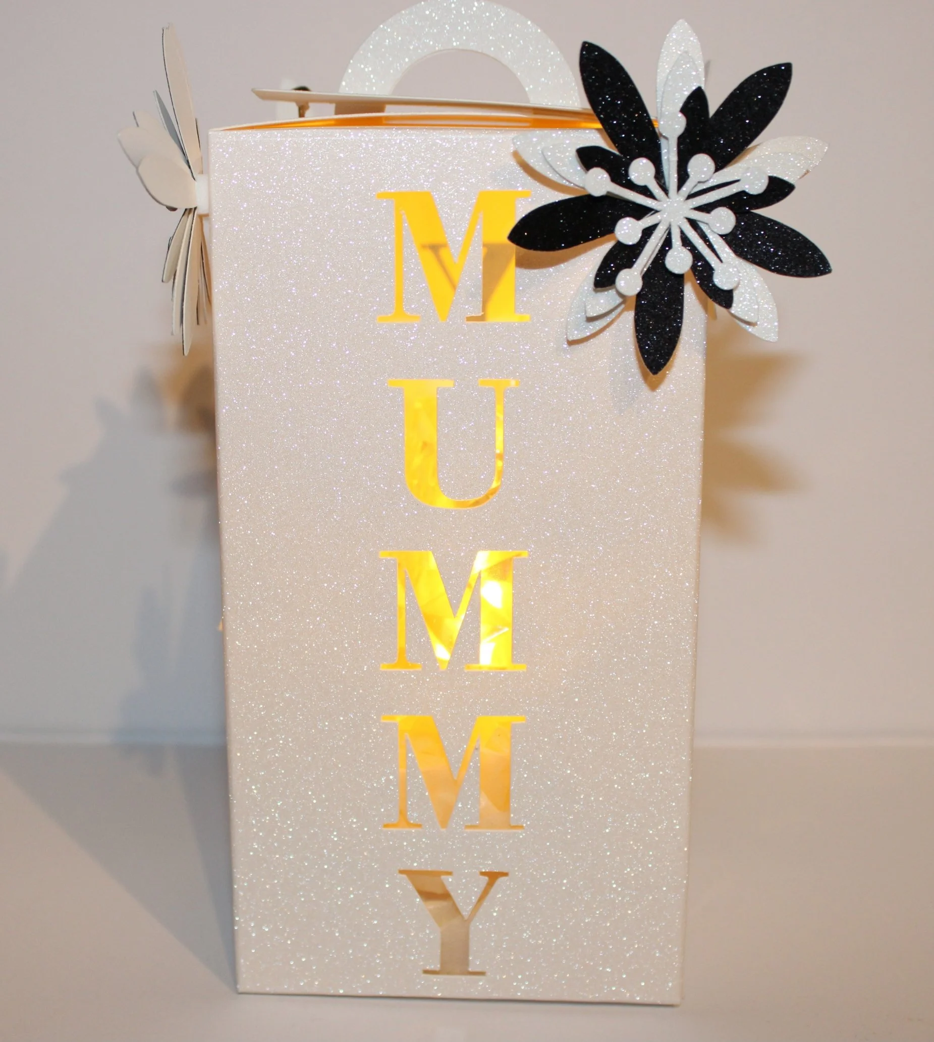 Mothers Day gift box — tall rectangular shape, exquisitely crafted. Each side panel features the words "mummy love you" precision-cut into the box, allowing light to shimmer through. #00270
