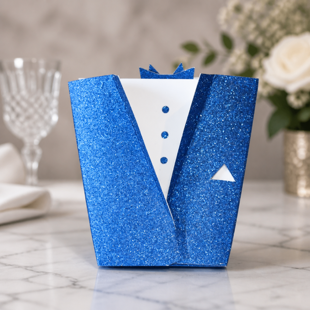 Tuxedo Favour Box!
Crafted with a stunning blue glitter card & cut into a tuxedo design. #00152