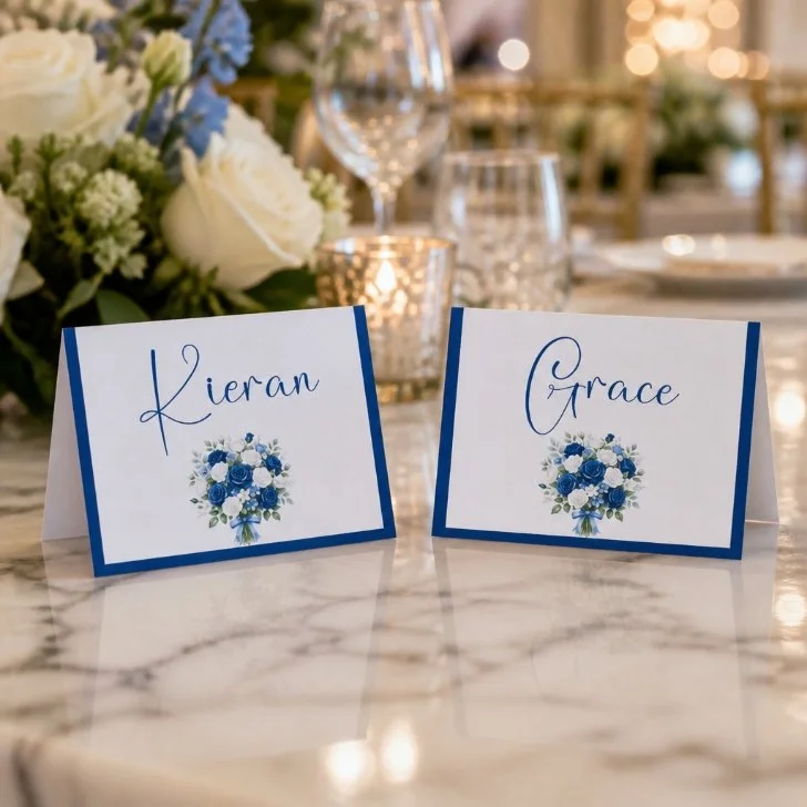 Navy Blue White Rose Place Cards! #00215 (pk 2) £2.00