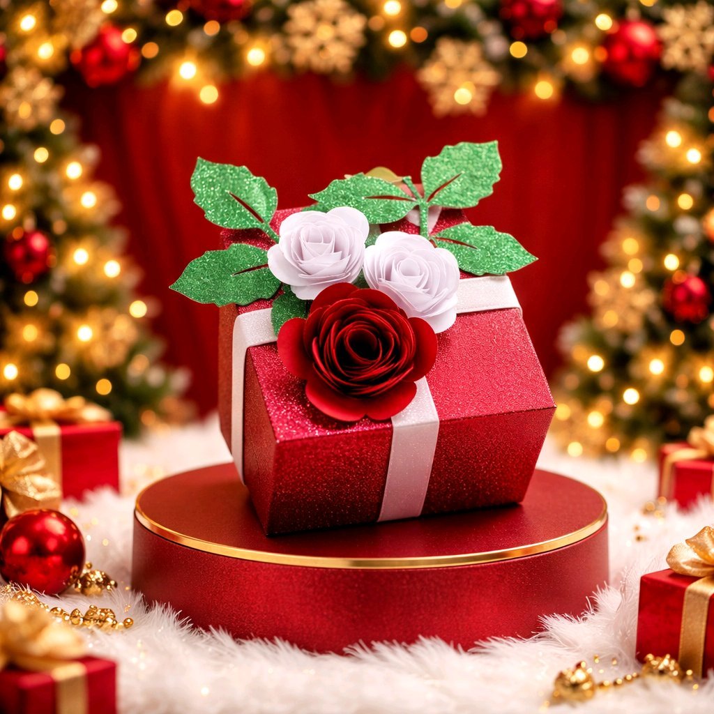 Ribbon box with roses favour box!
A stunning favour box adorned with gorgeous roses and card ribbon on the lid.
There is ample room for those sweet treats.
Crafted in beautiful red & white glitter cards. There is ample room for those sweet treats.
Cr