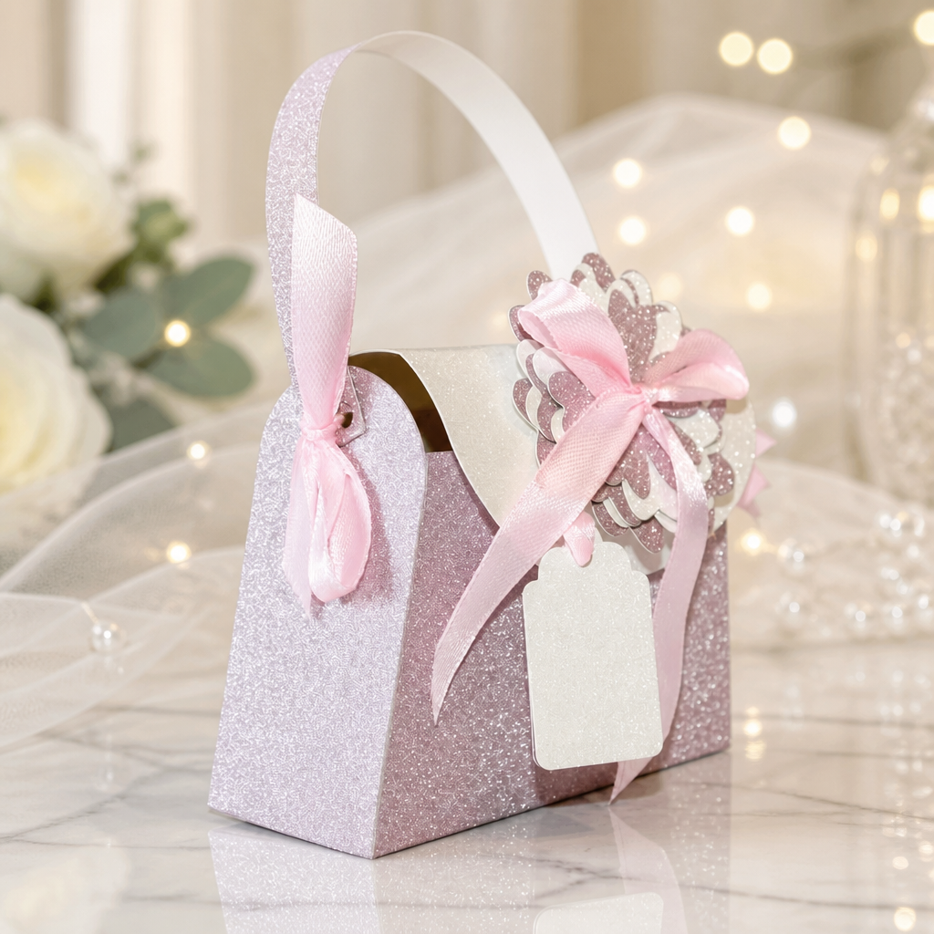 There's a stunning flower that has a ribbon attached. This adds an extra layer of elegance and personalization. Its unique design ensures it stands out.