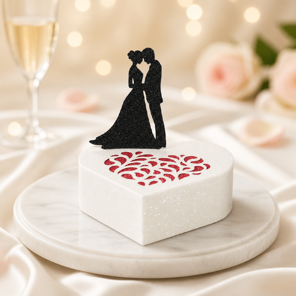 Heart box with silhouette couple!
This favour box features a gorgeous silhouette bride & groom, perfect for adding a personal touch to your special day. In addition there is an intricate heart cut on to the box making these a truly unique piece.

A s