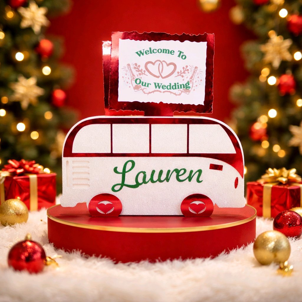 Red metallic campervan favour box!
These gorgeous campervan favour boxes will have you captivated. They have been crafted in a shimmering white glitter card & finished in a stunning shiny red metallic card.
Perfect for that campervan theme. Above the