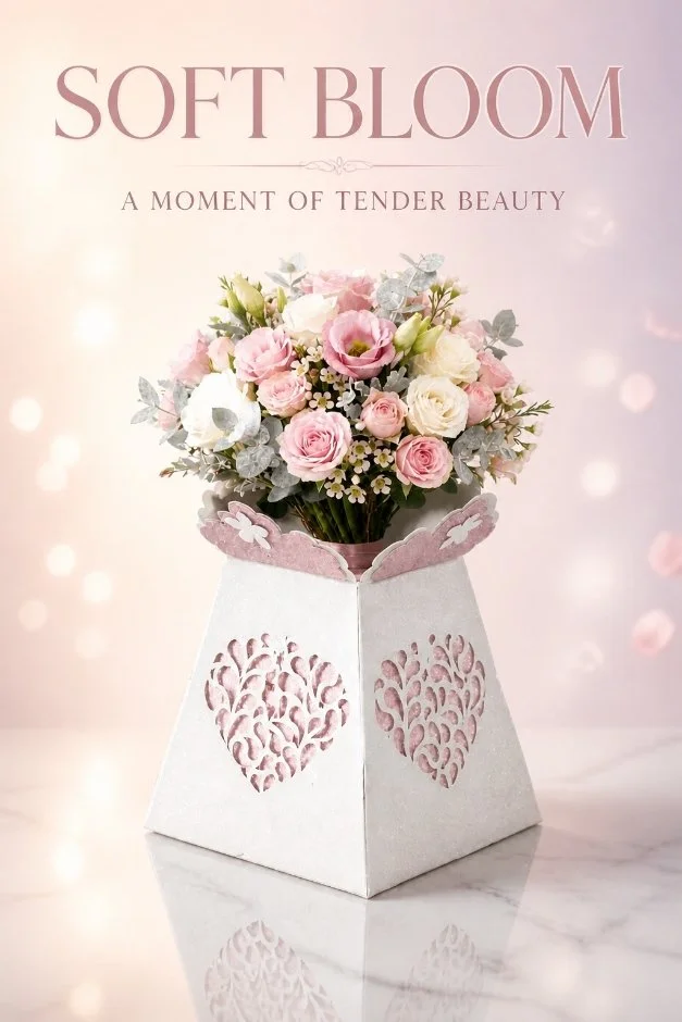 Sweet or Flower Vase! 
Cut onto white glitter card with cute pink flower pieces attached around the lid. (Flowers/Sweets/Candles Not Included)  #00264