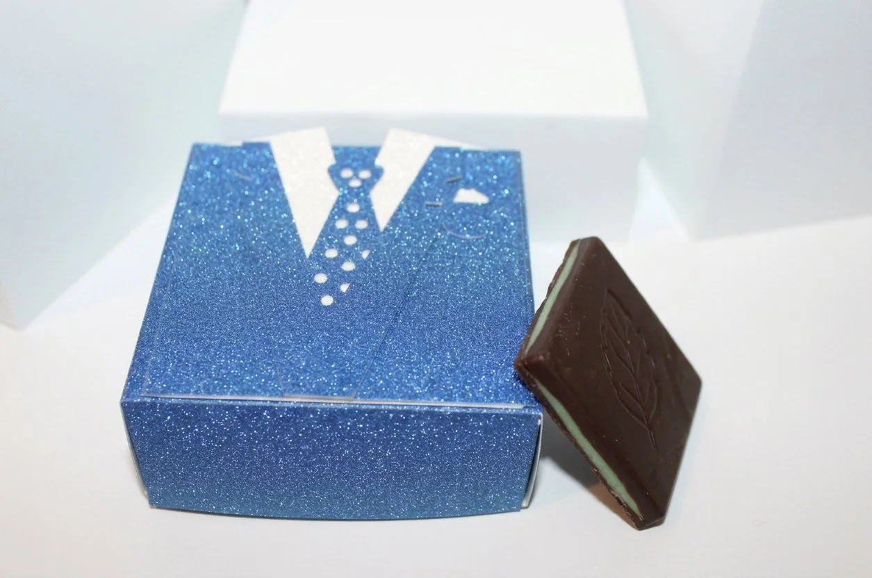 Tuxedo Favour Box!
 This box has an attached lid that lifts up to reveal hidden sweet treats. (Chocolates Not Included) #0061