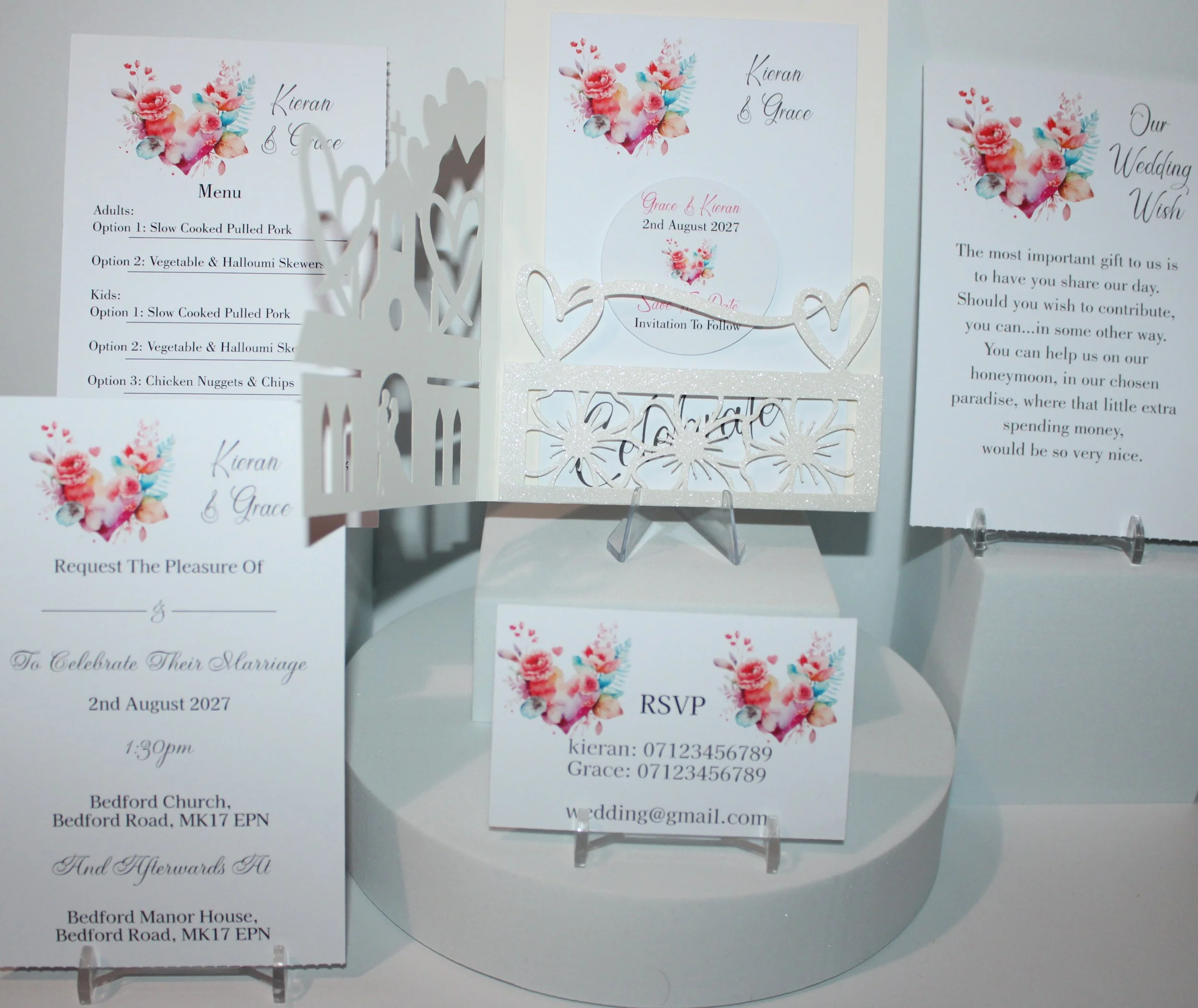 What's included! Crafted carrier card, Save the date with aluminium disc plus magnet for fridge attachment, Daytime & evening invitations, wedding wish card, menu option card, rsvp & two place cards.