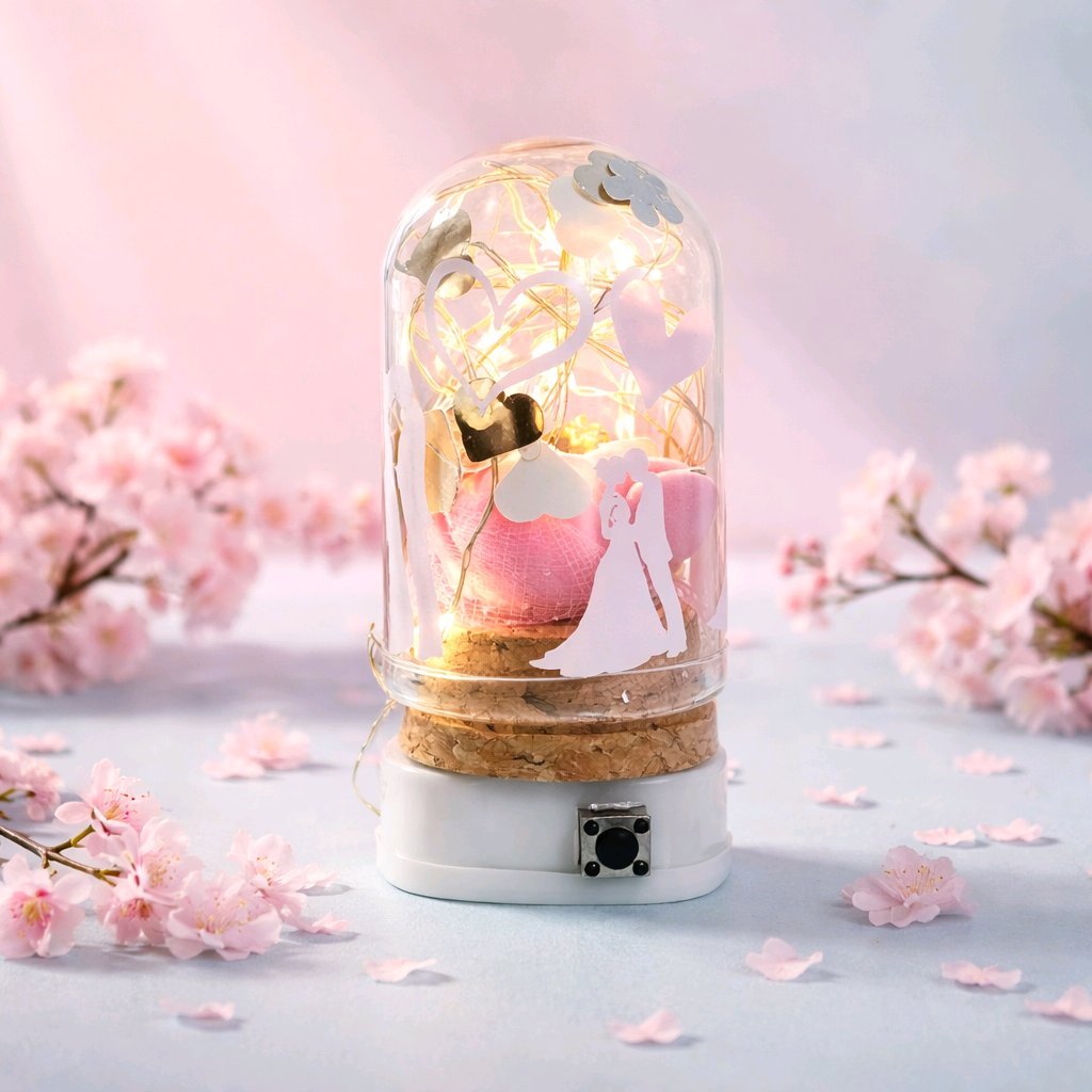 Glass Domes!
These adorable miniature glass domes feature a delicate rose encased in the dome.

 Illuminated by twinkling led lights, that bring a soft romantic glow. They really are a beautiful table decoration & will be sure to set the mood. #00290