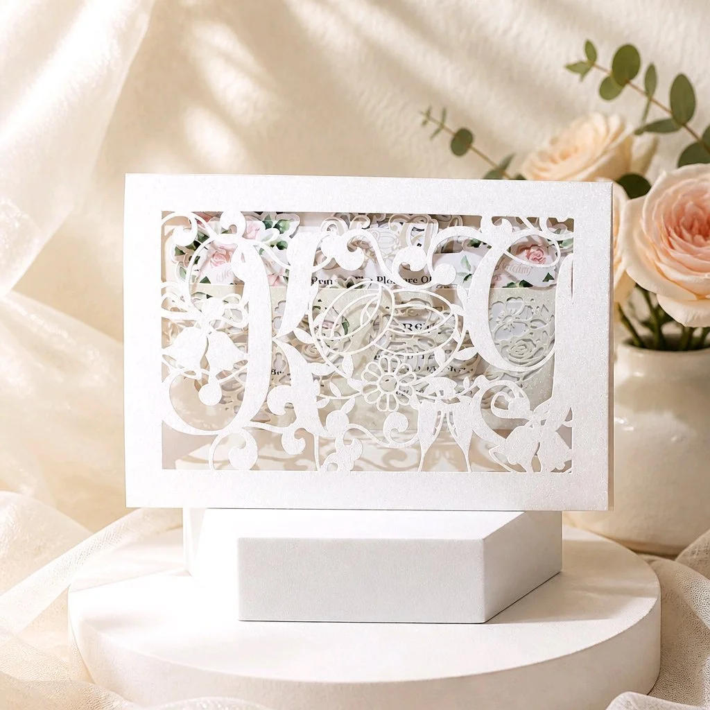 WEDDING RINGS & INITIALS INVITATION PACKAGE! 
Beautifully crafted invitation with your initials embedded into the design. The design also has wedding rings and champagne flutes crafted into the card . this invitation will certainly catch the eye of y