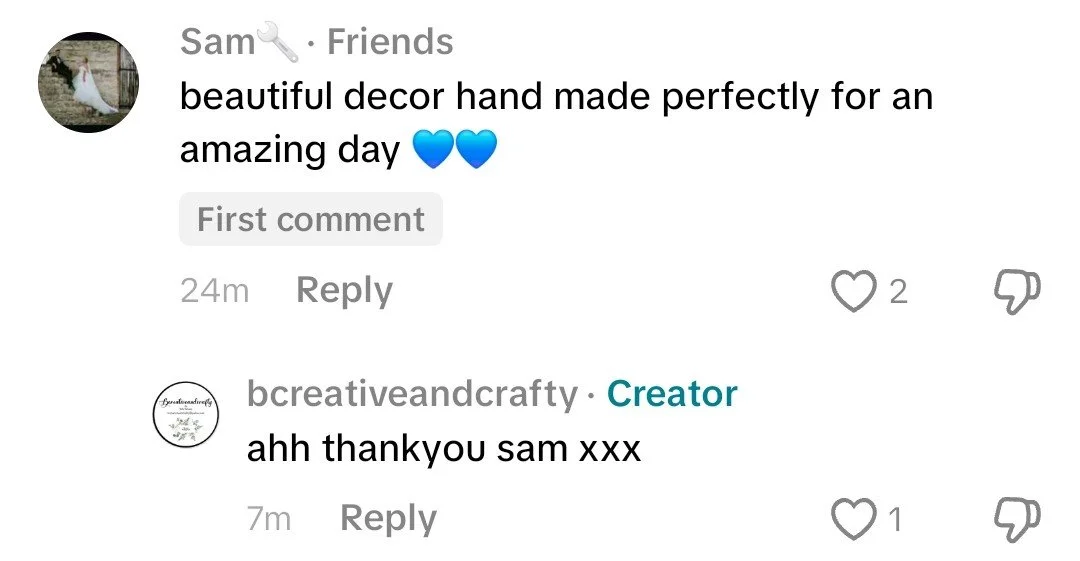 Screenshot of a social media comment thread where a user compliments handmade decor, and the creator responds with gratitude.
