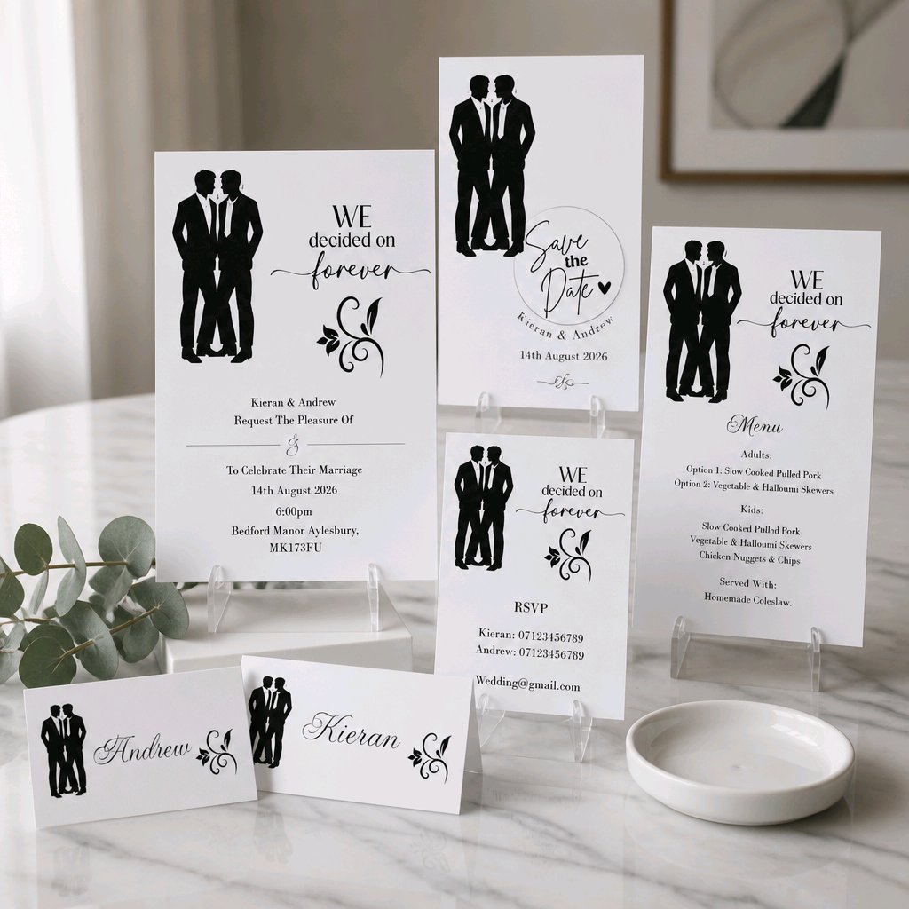 WE DECIDED ON FOREVER INVITATION PACKAGE! 
The invitation features a stunning design where the grooms extend off the page, adding a unique touch that’s absolutely charming. You get everything you need to kickstart your day. This package makes it easy