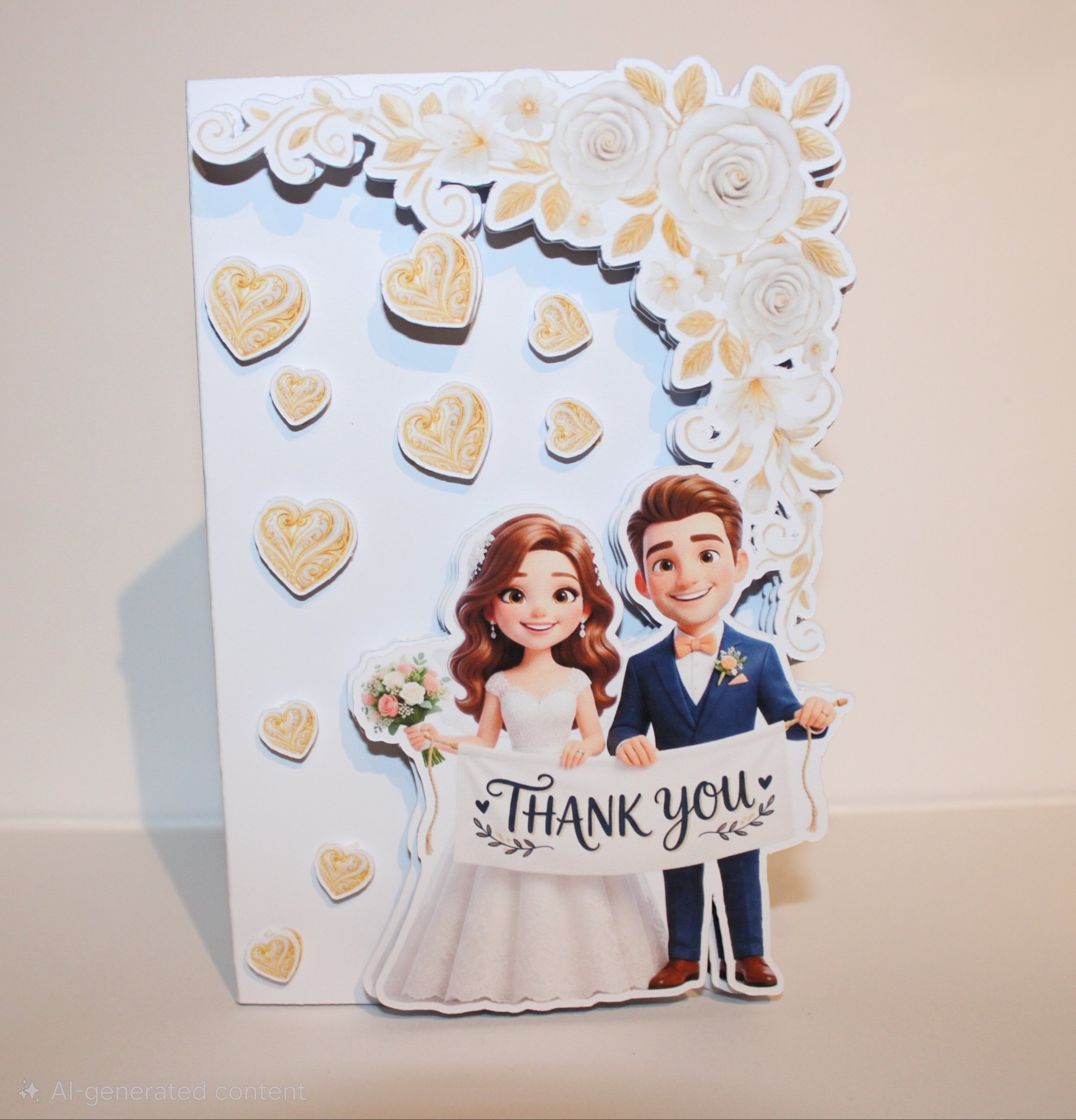 (NEW) Thankyou card!
Say thankyou to your guests for attending your wedding with this unique thankyou card.
Crafted on white card with AI generated images. The Bride and Groom flow seamlessly off the edge with a stunning floral border to compliment t