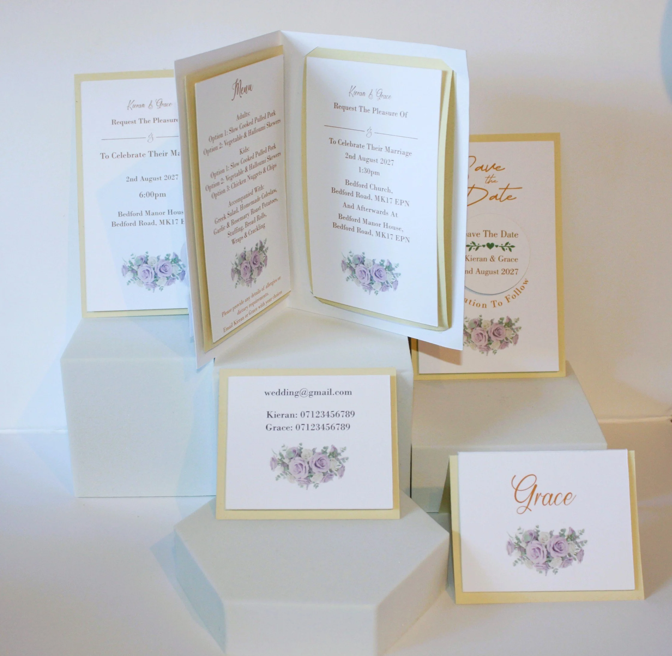 Daytime and evening invitations: Separate cards for the daytime ceremony and the evening reception, each with location, time and date guidance.

Save the Date: A dedicated card featuring an aluminium disc set into the centre for a tactile, memorable 