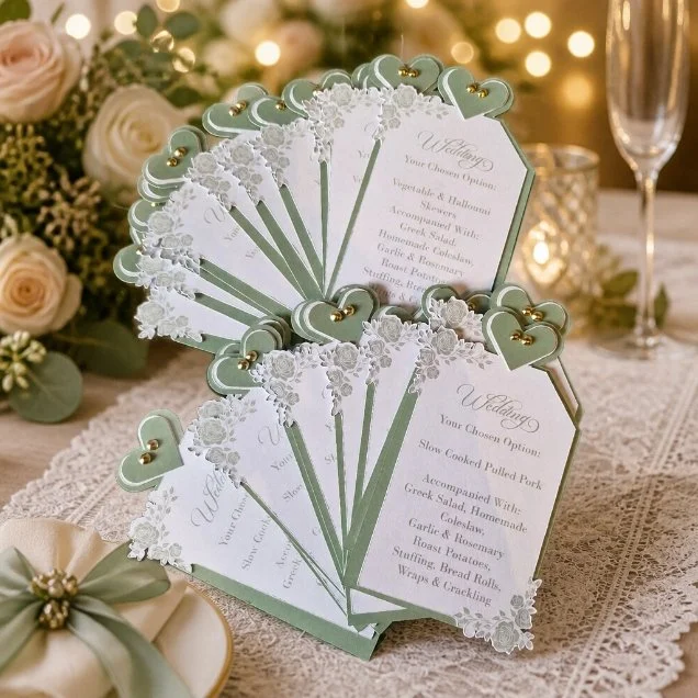 Guest Menu Stationary!
White top card, meticulously printed with guest menu details, sits upon a sage green backing card for a soft, elegant contrast. #00297
