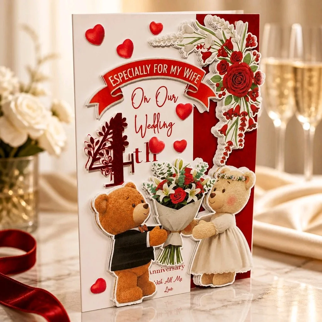 (NEW) Wedding Anniversary card.
Front (outside) Full-bleed 3D-effect images: two AI-generated teddy bears — holding a bouquet. Message on front reads, Especially for my wife on our wedding anniversary. With all my love. 
Envelope is supplied. 
#00700