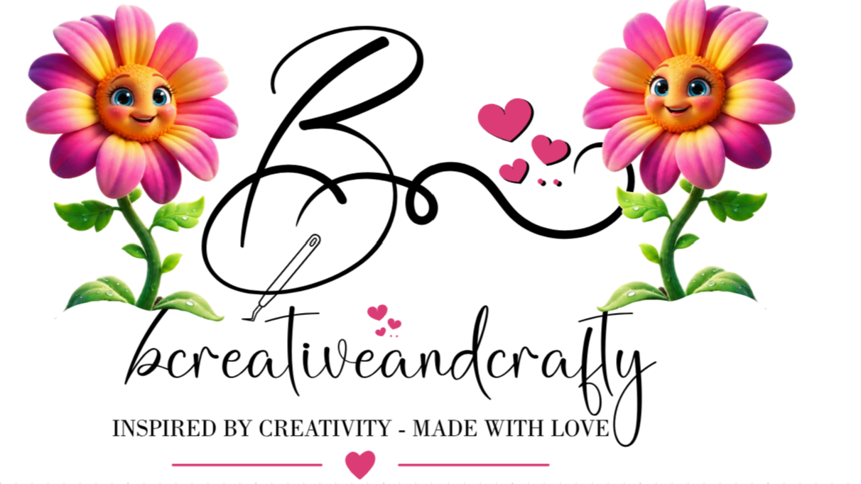 A colorful logo featuring two smiling animated flowers with round faces and pink petals, each with blue eyes and a cheerful expression, flanking the word 'Be' in black cursive. Beneath, the text reads 'creativeandcrafty' with small pink hearts and the phrase 'Inspired by creativity - made with love' in black. The design is playful and creative, emphasizing love and crafts.