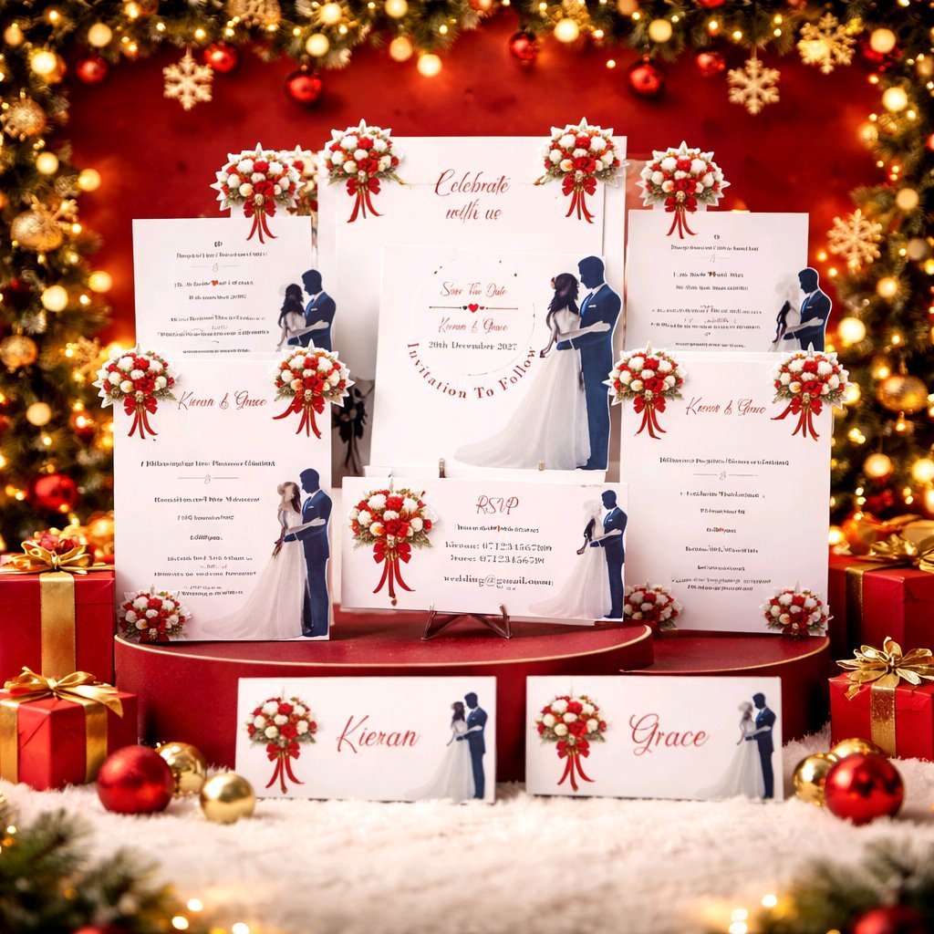 Wedding/Valentines Invitation Package!
Printed on white card with gorgeous floral bouquets adorning the corners, plus bride & groom extending off the card. This invitation really is a must have for that perfect Christmas/valentine wedding.
What's inc