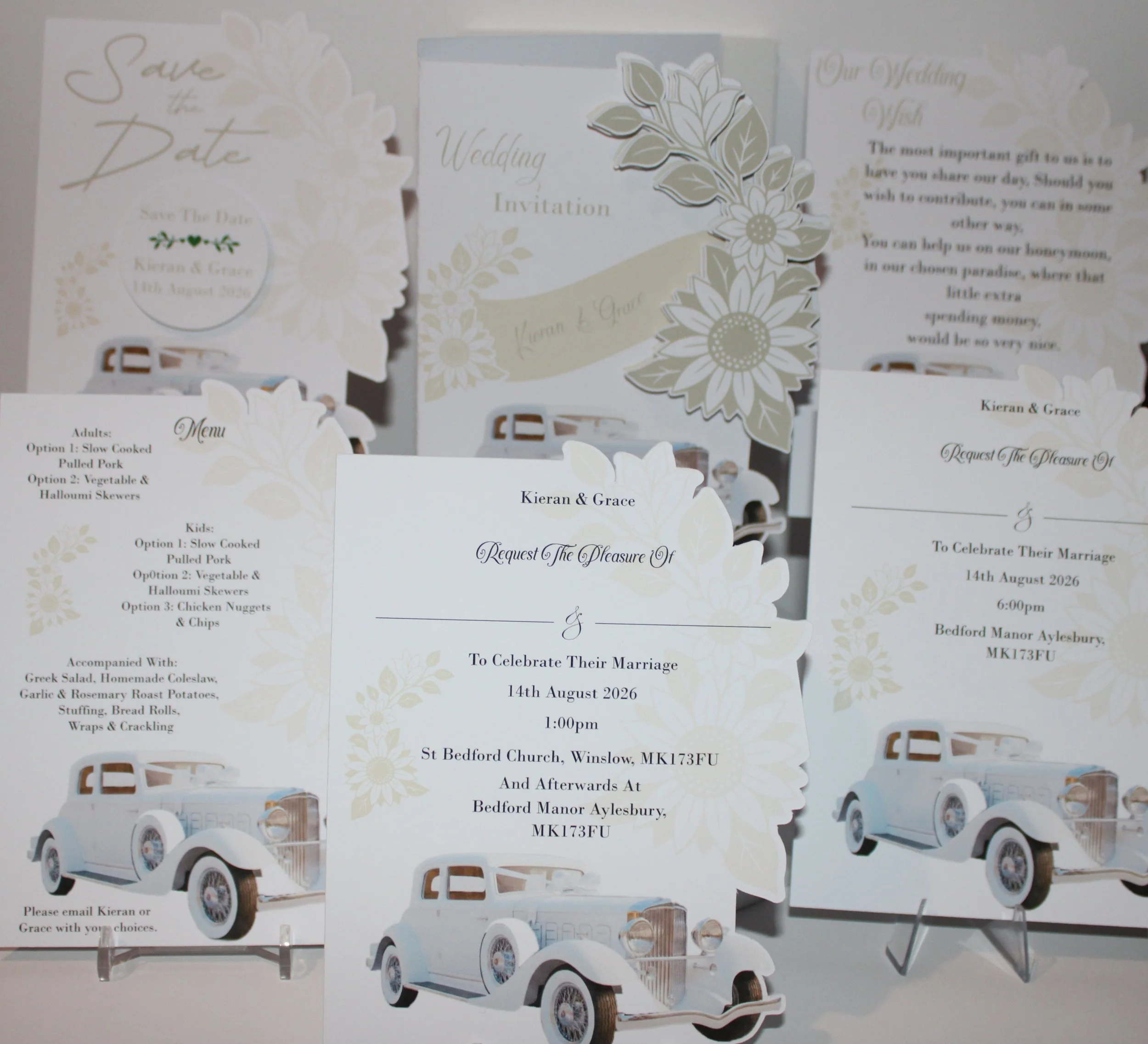 To compliment the design the flowers have been layered to give it that 3d feel. A truly stunning wedding invitation package. What’s included! crafted card for inserts, save the date, Daytime & evening invitation, wedding wish, menu option card.