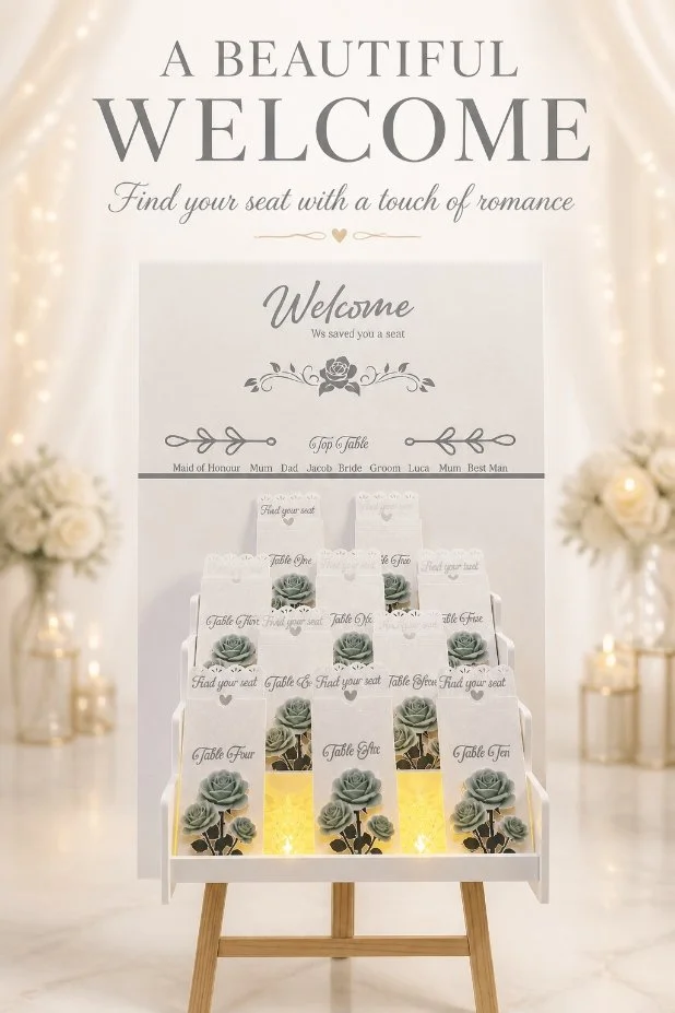 (NEW) Large 24" x 24" White Plywood Seating Board
A bespoke seating display designed for weddings. This board features silver vinyl lettering across the top: welcome, we've saved you a seat. Beneath the heading sits a three-tier stand secured to the 