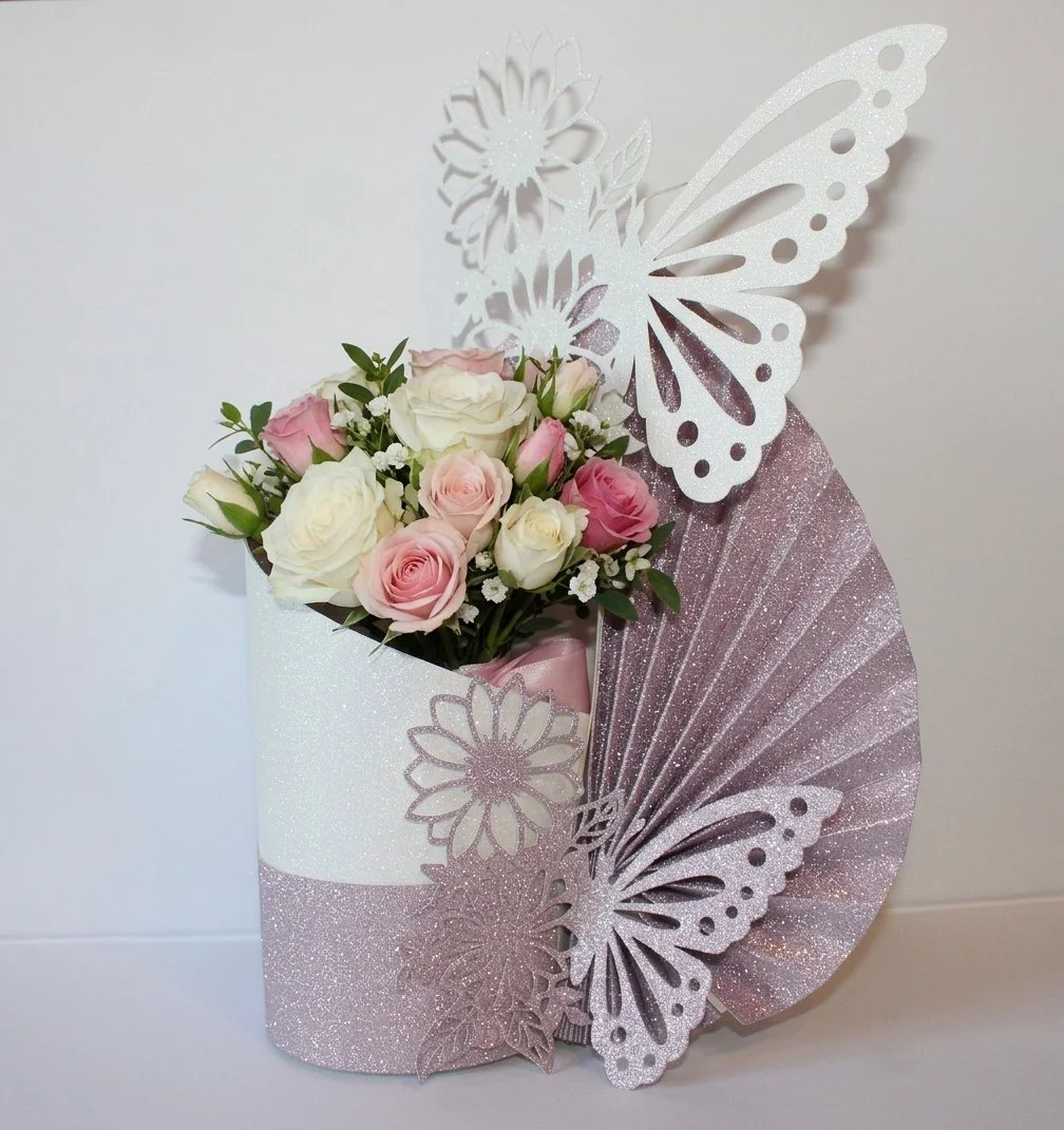 Attached to the side is a gorgeous fan & to compliment the box are two large butterflies intricately cut & attached to the top & bottom of the box. 

This box will hold many sweet treats or flowers.  (Flowers Not Included)