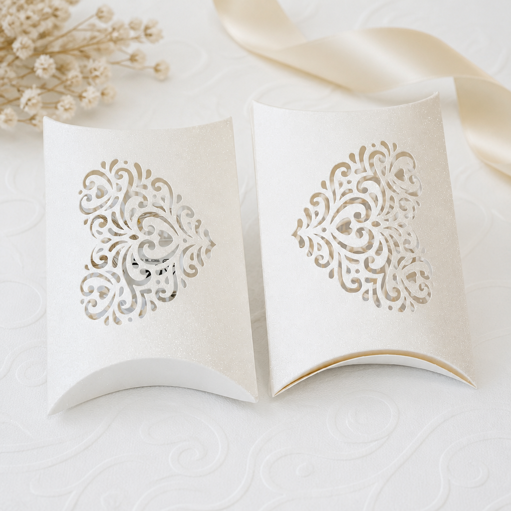 Pillow favour box!
This adorable little box is cut in the shape of a pillow, and it features beautifully intricate hearts on either side. The white glitter card sparkles, making it an eye-catching addition to your tablespace. #00172