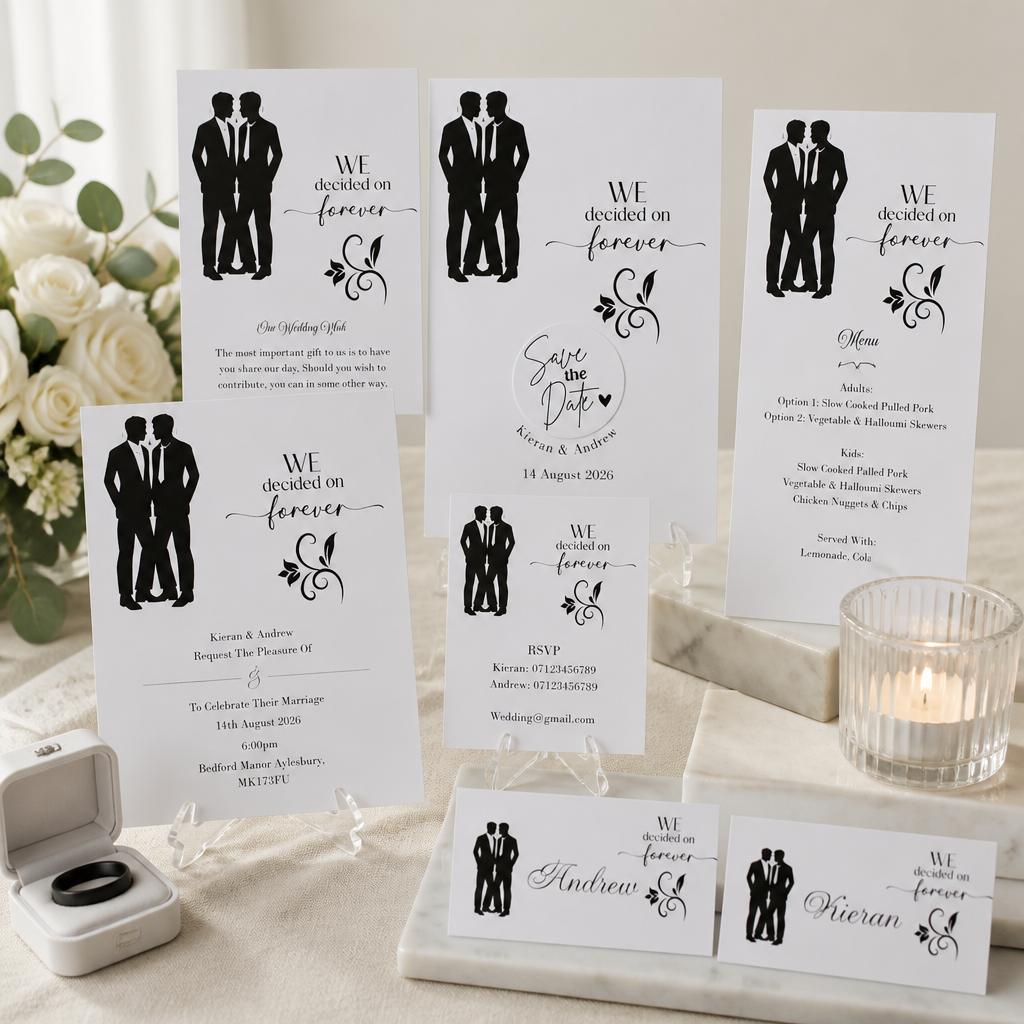 We Decided On Forever Stationary Package!
The Stationary features a stunning design where the grooms extend off the page, adding a unique touch that’s absolutely charming. You get everything you need to kickstart your day. This package makes it easy 