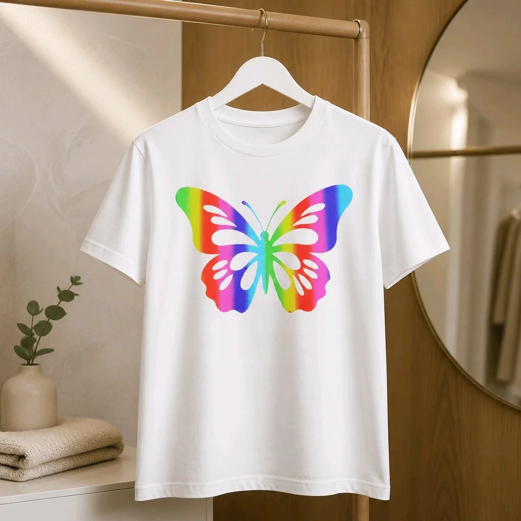 Personalised Kids T-Shirts Sizes Available 1-10yrs!  Colourful holographic HTV butterfly. Name can be added for personalisation. Polyester.#00236