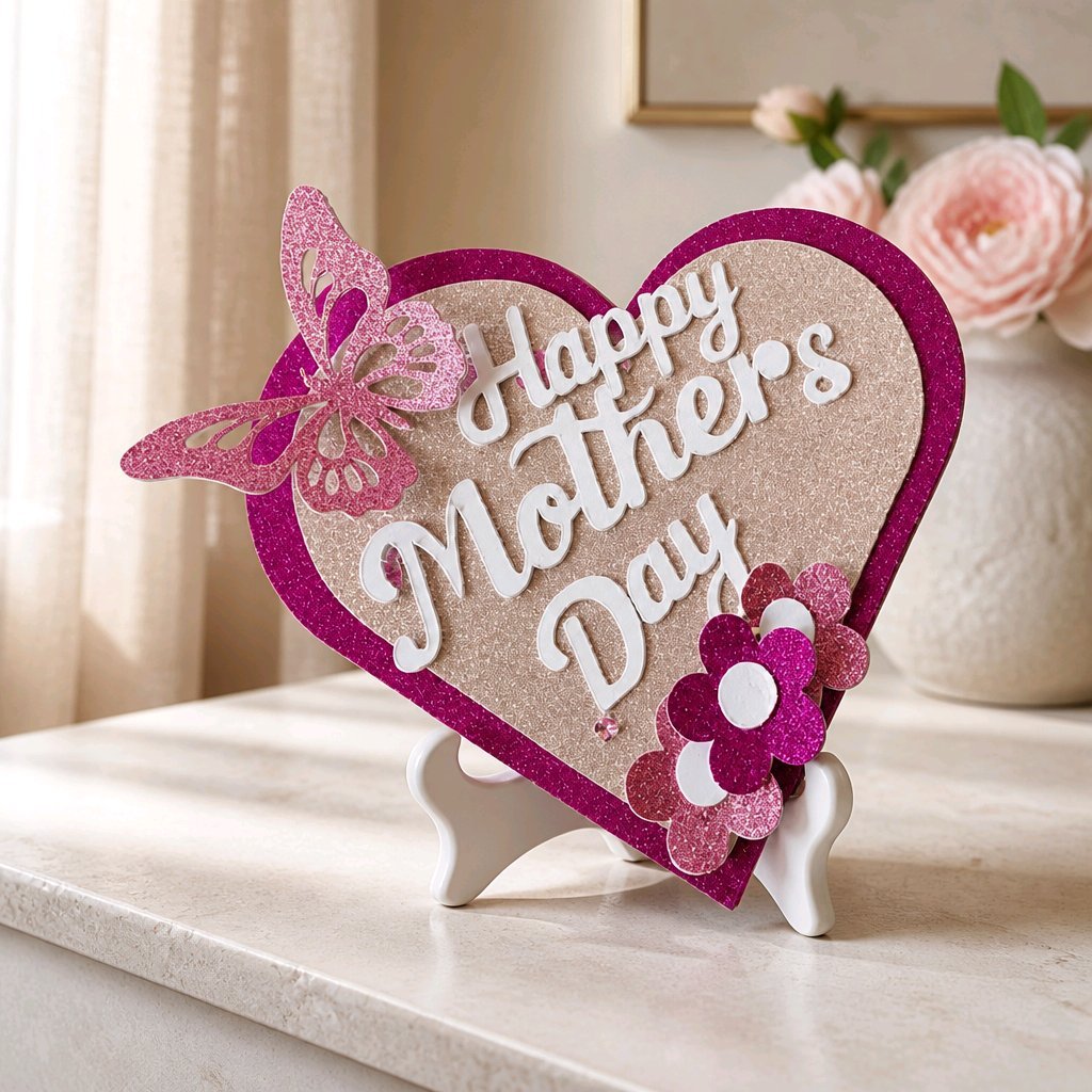 Mother's Day Gift Tag!  A butterfly sits on the top corner of the heart with a happy mother's day message across the front. Finished with  little flowers. #00436