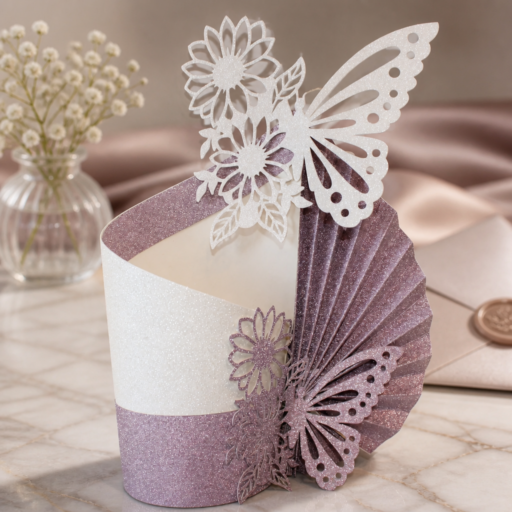 Attached to the side is a gorgeous fan & to compliment the box are two large butterflies intricately cut & attached to the top & bottom of the box. 

This box will hold many sweet treats or flowers. #00170

