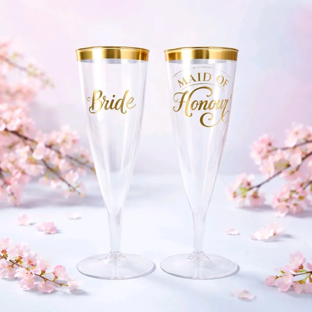 Flutes!
These plastic champagne flutes feature a sleek design with names attached, adding a personal touch. 

The flutes boast a gold metallic finish, making them perfect for special occasions. 

Ideal for serving champagne, they combine functionalit