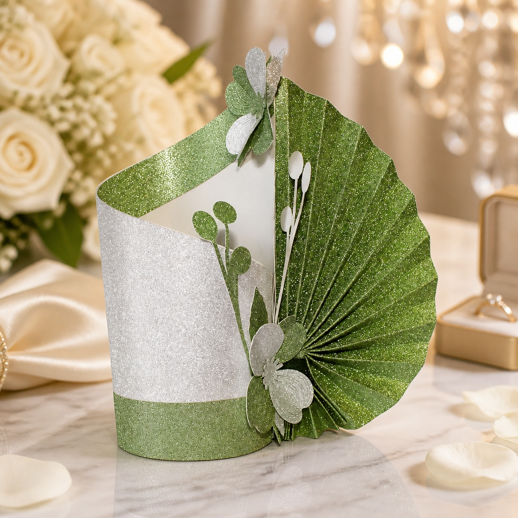 Fan Vase Favour Box/Table Decoration! 
With this piece you have a favour box as well as a stunning table decoration. 

The tube can be filled with sweet treats for the whole table. (Chocolates Not Included) Or flowers for decoration. The boxes includ