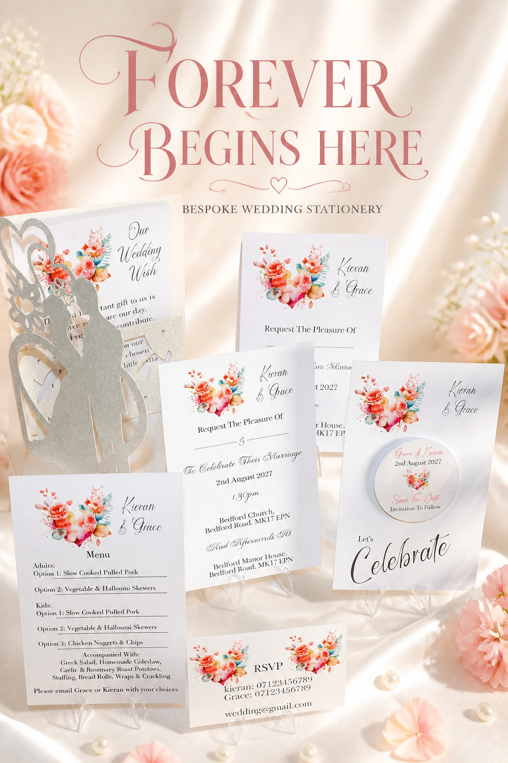 Whether you want daytime or evening stationary, we’ve got you covered with the inserts included. 
What's included! Crafted carrier card, Save the date with aluminium disc plus magnet for fridge attachment, Daytime & evening stationary, wedding wish, 