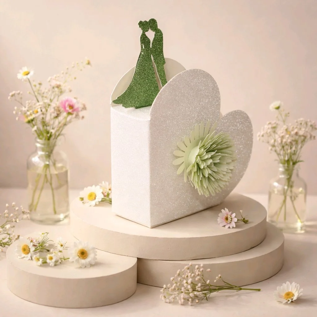 Heart box with silhouette couple & flower!
These stunning boxes are crafted with a sage green glitter card silhouette on the side—how romantic is that? And check out the delicate flower cutout on the front! 

The main box is made from sparkling white