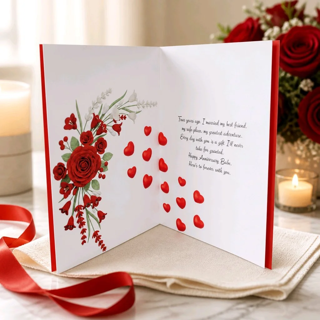 Inside (left panel) Red floral print along the inner margins, echoing the front’s palette and flowing gently toward the centre. Love hearts compliment the centre of the card.
#00700