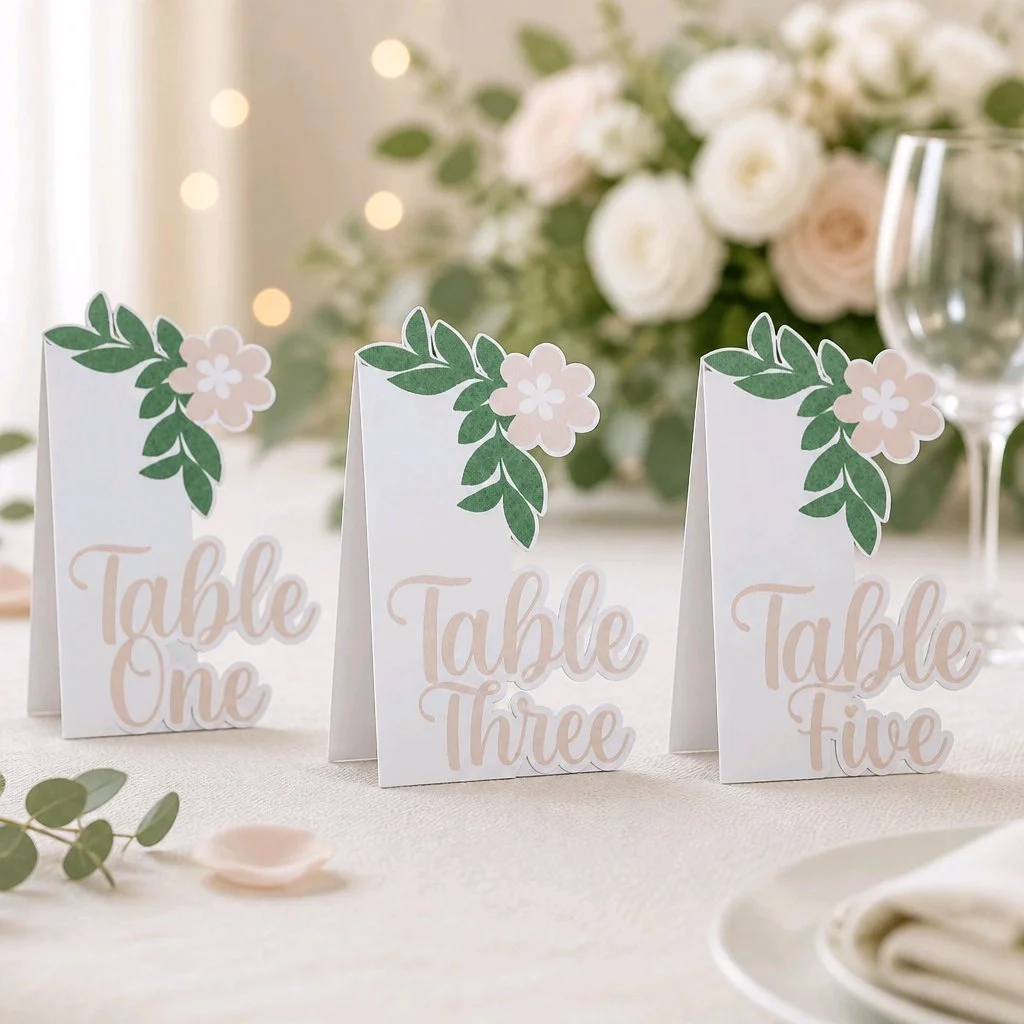 Floral Edge cards table number!

With their precise cut these cards seamlessly integrate the table number & floral details. They feature a sleek design perfect for your special day. Ideal for those who appreciate simplicity. They offer a clean look t