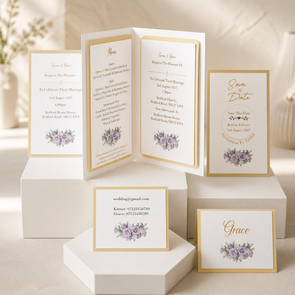 What's included! Crafted carrier card, Save the date with aluminium disc plus magnet for fridge attachment, Daytime & evening Stationary, wedding wish, menu option, rsvp & two place cards. #0020