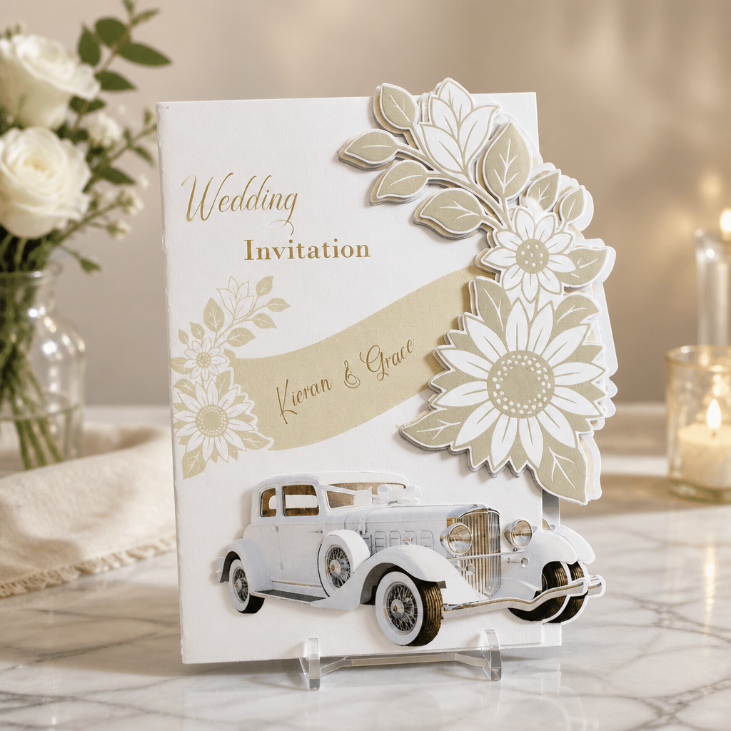 Layered AI Flower/Vintage Car Stationary Package! 
Just stunningly beautiful! This card has been beautifully printed & cut with a meticulously crafted edge. #0010