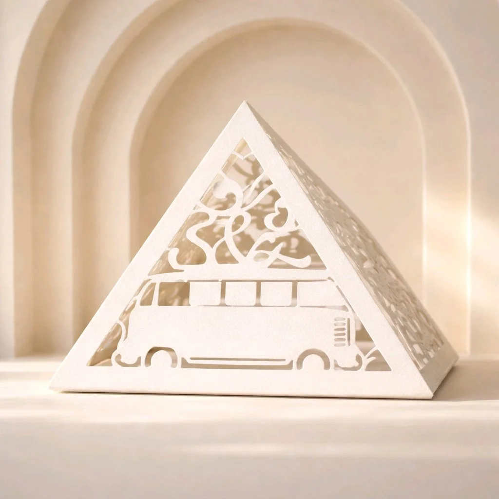 A perfect choice for couples who want to add a touch of uniqueness to their wedding invitations. They are cut in a pyramid shape that sets them apart from the traditional invitations.