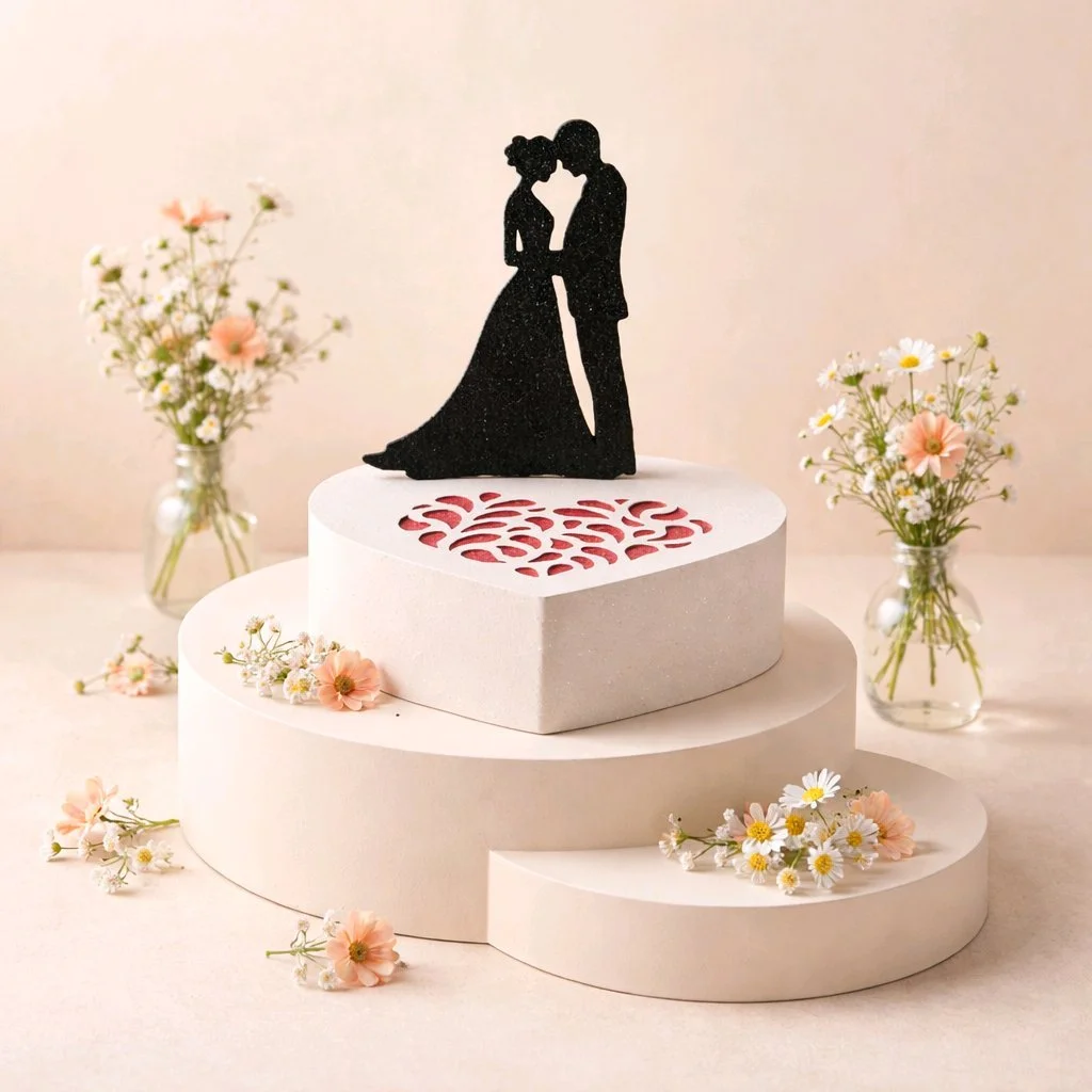 Heart box with silhouette couple!
This favour box features a gorgeous silhouette bride & groom, perfect for adding a personal touch to your special day. In addition there is an intricate heart cut on to the box making these a truly unique piece.

A s
