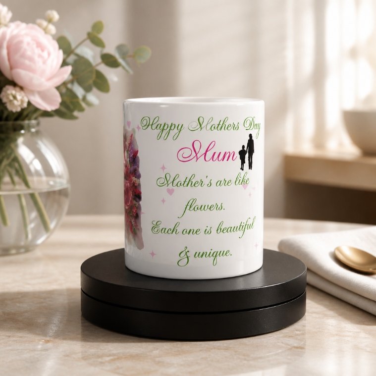 Vibrant colours and long lasting. A beautiful gift just for her. Floral print adorns the mug with a mother and child motif. #00433