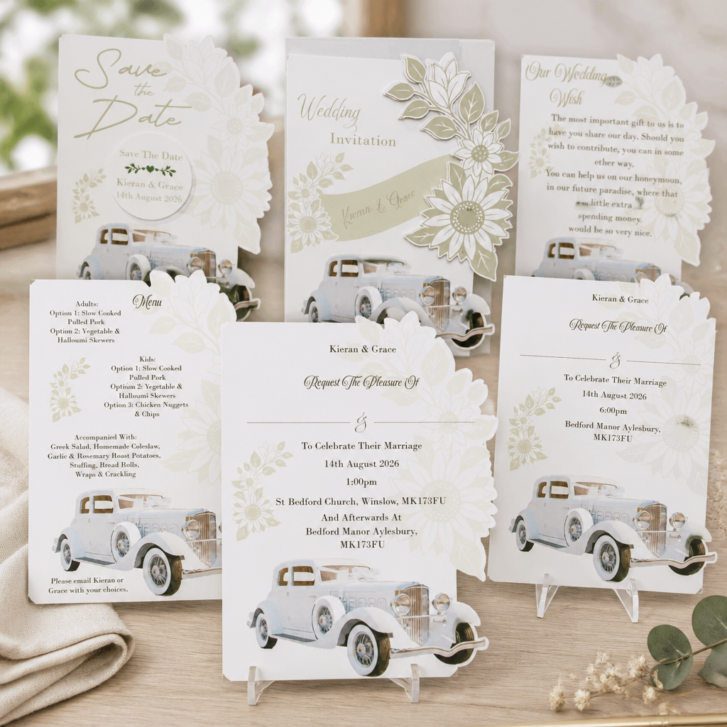 To compliment the design the flowers have been layered to give it that 3d feel. A truly stunning Stationary package. 
What's included! Crafted carrier card, Save the date with aluminium disc plus magnet for fridge attachment, Daytime & evening Statio