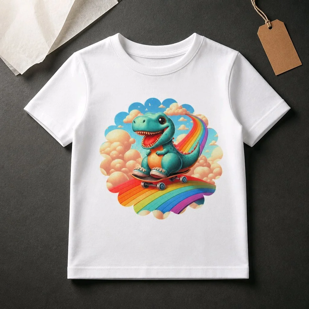 Personalised Kids T-Shirts Sizes Available 1-10yrs! Colourful dinosaur print. Name can be added for personalisation. Polyester. #00231