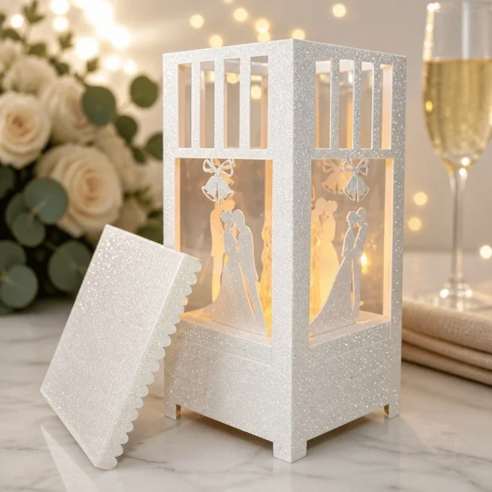 Just lift the lid, switch the candle on & watch this beauty illuminate your table.
Battery operated candle is included. 
