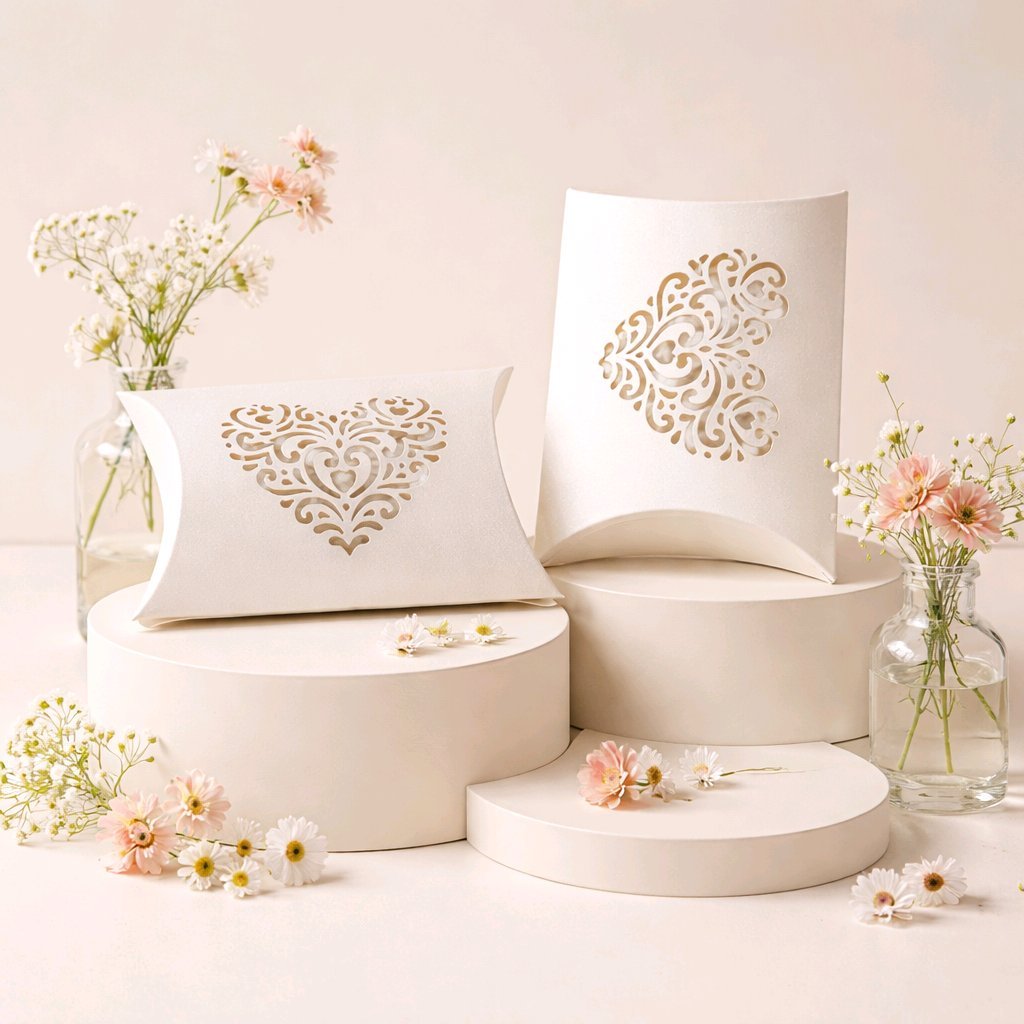 Pillow favour box!
This adorable little box is cut in the shape of a pillow, and it features beautifully intricate hearts on either side. The white glitter card sparkles, making it an eye-catching addition to your tablespace. #00172