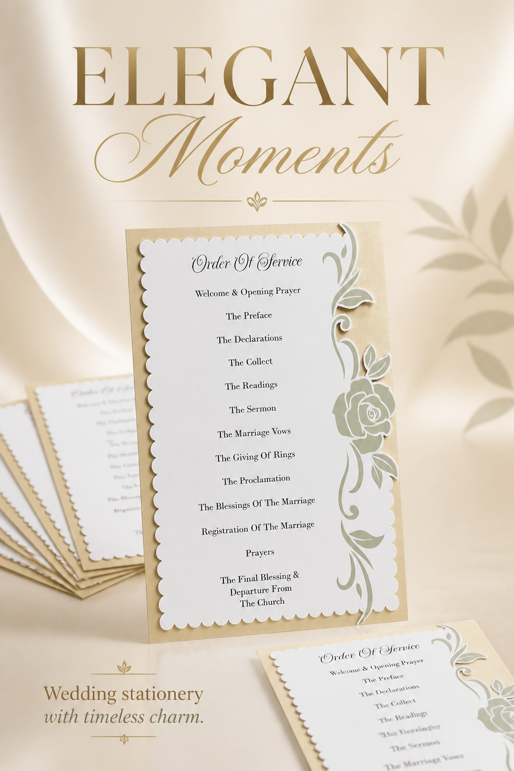 Order Of The Service! 
The white card is printed and cut with a delicate scalloped edge. A rose entwines the design and flows gracefully off the right edge, adding a touch of romantic movement. #00296

